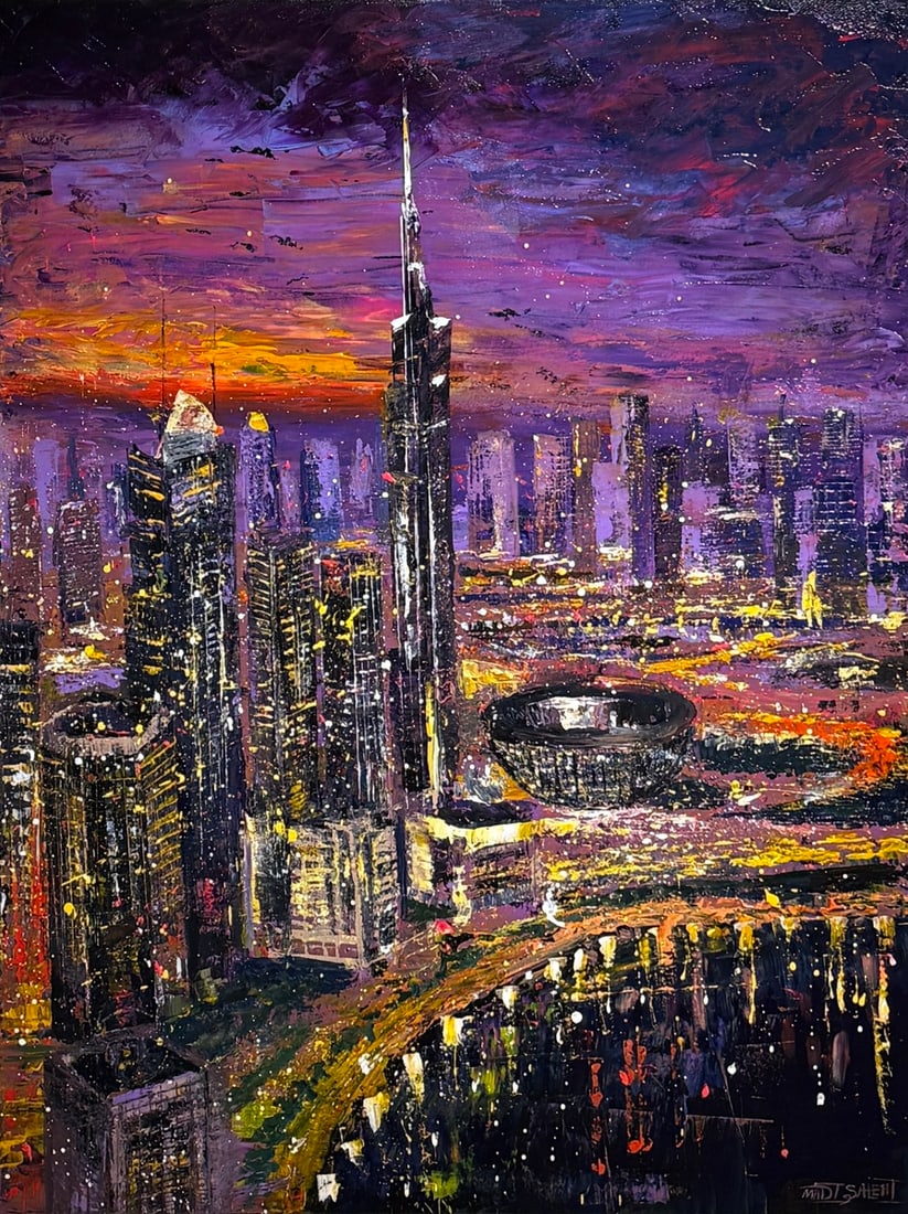 Madi Salehi "Twilight Over Chicago" Original On Canvas: Offered here is an original Original acrylic on canvas by Madi Salehi: "Madi Salehi "Twilight Over Chicago" Original On Canvas". This one-of-a-kind piece, measuring 40 x 30 x 1 inch, is a rare