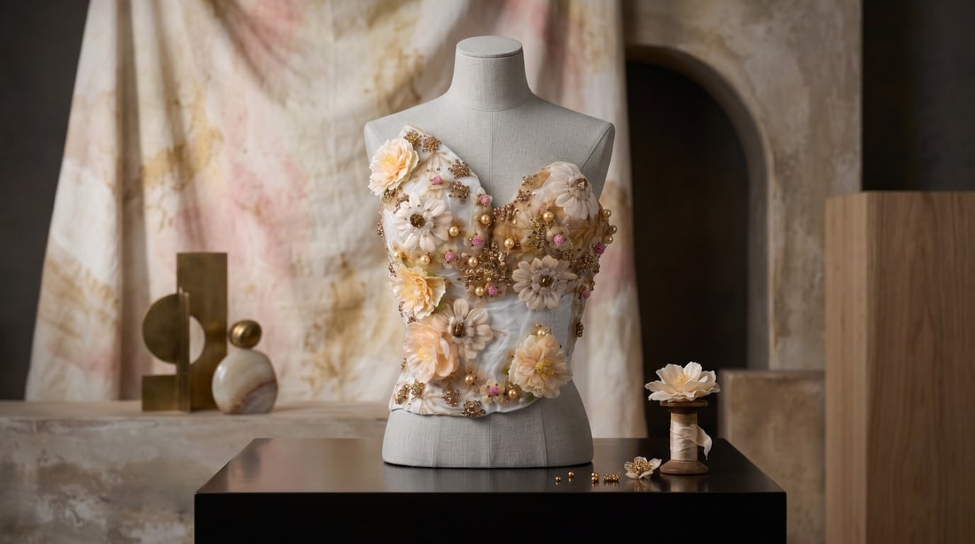 Mercedes Brunelli "Summer Bloom" Fabric, Resin, Artificial Flowers, Pearls, Beads: Presenting this Mercedes Brunelli Sculpture: "Mercedes Brunelli "Summer Bloom" Fabric, Resin, Artificial Flowers, Pearls, Beads". This piece, measuring 16 x 13 inch, is available at auction on LiveAuc