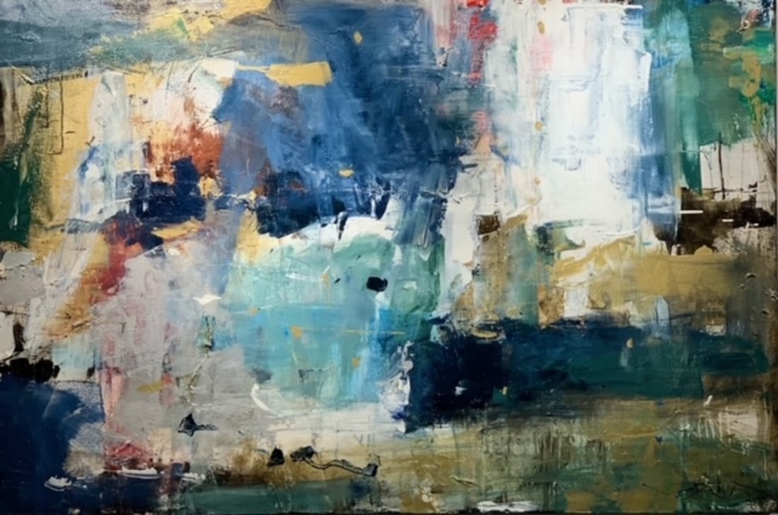 Jorn Fox Abstract Signed Original Oil and Acrylic: Offered here is an original Original Oil and Acrylic on Canvas with 1 1/2" Museum Bars by Jorn Fox: "Jorn Fox Abstract Signed Original Oil and Acrylic". This one-of-a-kind piece, measuring 40 x 60 x 2