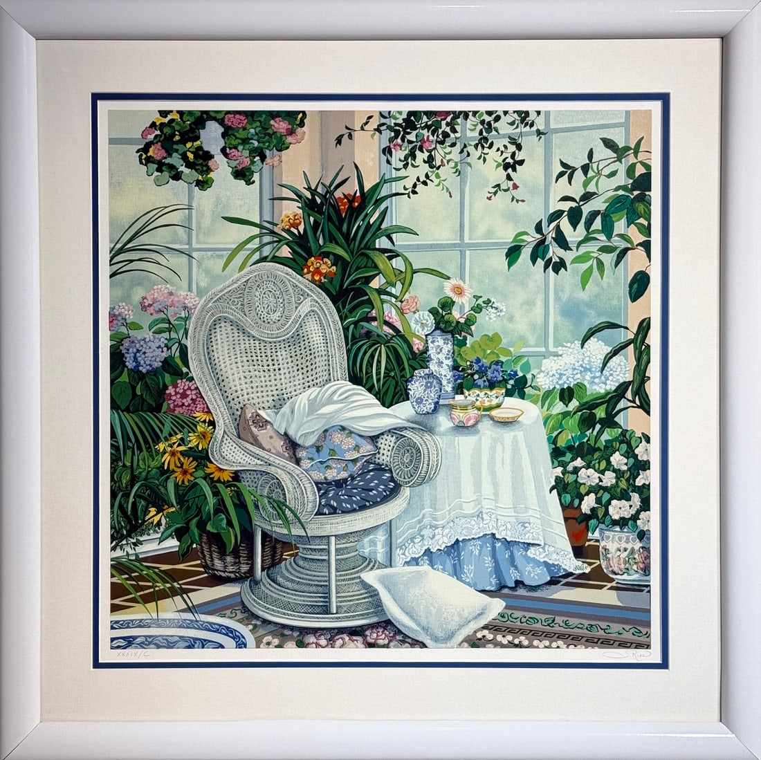 Susan Rios "The Garden Room" Signed Serigraph LE: Presenting a limited edition Serigraph on Paper by Susan Rios: "Susan Rios "The Garden Room" Signed Serigraph LE". This Serigraph on Paper (Edition: XXXIX/C), measuring 36 x 36 x 2 inch, is a