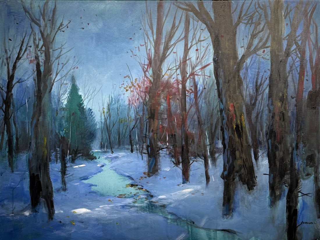 Michael Schofeild "Muted Sky" (Winter scene) Original: Offered here is an original Original acrylic on canvas by Michael Schofield: "Michael Schofeild "Muted Sky" (Winter scene) Original". This one-of-a-kind piece, measuring 30 x 40 x 1 inch, is a rare op