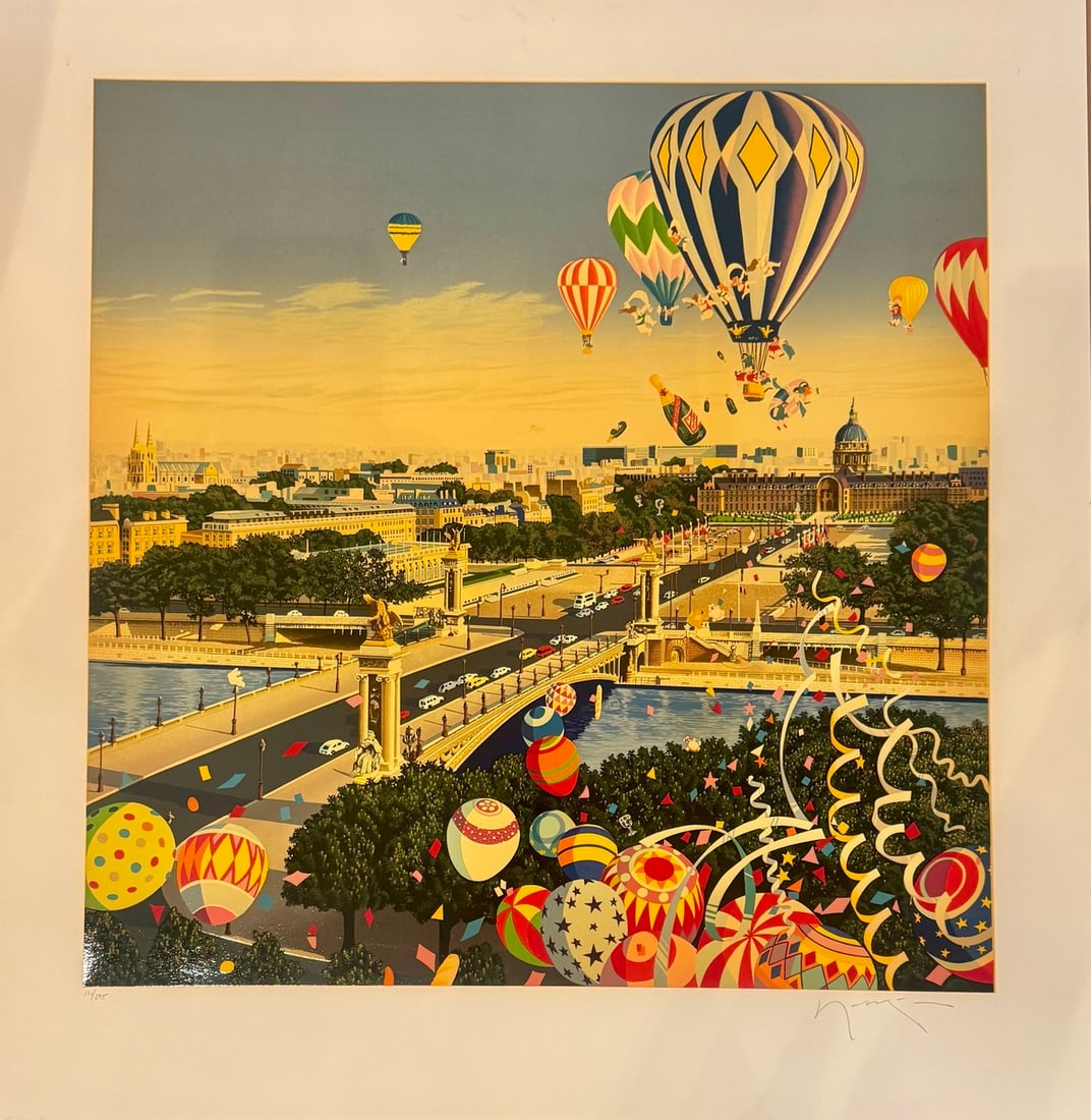 Hiro Yamagata "Balloon Race" Signed Seriograph LE: Presenting a limited edition Serigraph on Paper by Hiro Yamagata: "Hiro Yamagata "Balloon Race" Signed Seriograph LE". This Serigraph on Paper (Edition: 171/295), measuring 35 x 33 x 1 inch, is a