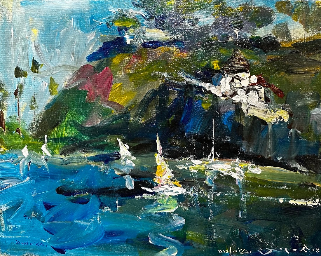 Jorn Fox "Sailboats & Holly Hill House" Impressionist Signed Oil and Acrylic on Canvas: Offered here is an original Acrylic on Canvas by Jorn Fox: "Jorn Fox "Sailboats & Holly Hill House" Impressionist Signed Oil and Acrylic on Canvas". This one-of-a-kind piece, measuring 16 x 20 inch, i