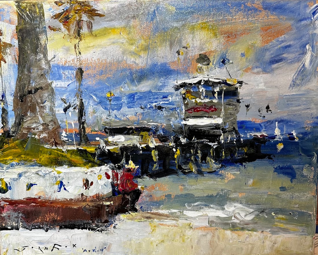 Jorn Fox "Avalon, CA - Resting By The Pier" Impressionist Signed Oil and Acrylic on Canvas: Offered here is an original Acrylic on Canvas by Jorn Fox: "Jorn Fox "Avalon, CA - Resting By The Pier" Impressionist Signed Oil and Acrylic on Canvas". This one-of-a-kind piece, measuring 16 x 20