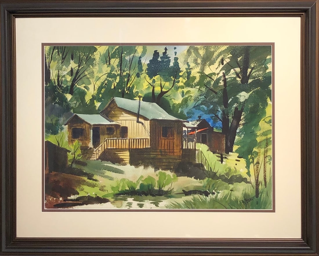 Ralph Baker (Impressionist - Cabin in the Woods) Signed Original Watercolor: Offered here is an original Watercolor on Paper by Ralph Baker: "Ralph Baker (Impressionist - Cabin in the Woods) Signed Original Watercolor". This one-of-a-kind piece, measuring 33 x 41 x 2 inch, is 