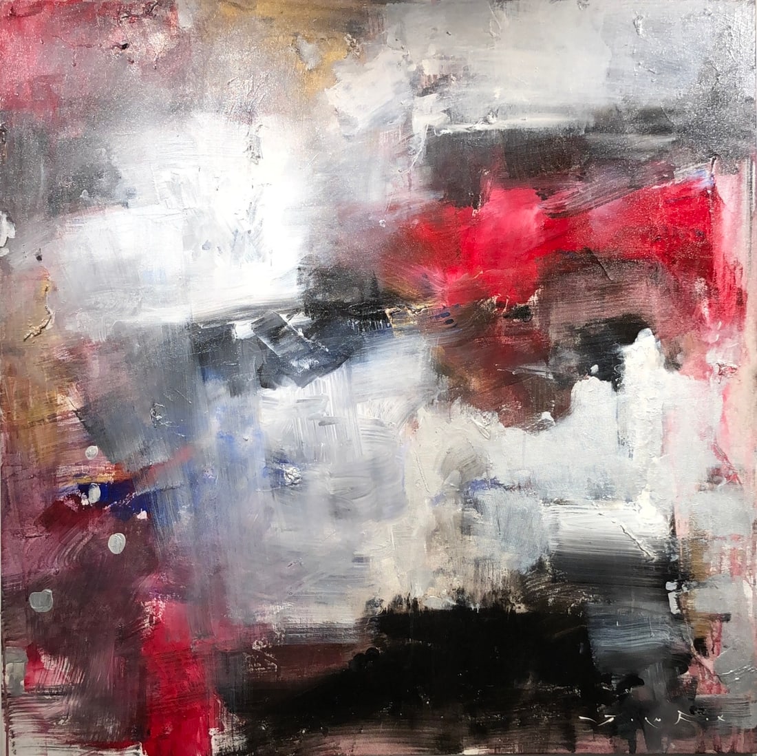Jorn Fox Abstract Signed Original Acrylic: Offered here is an original Acrylic on Canvas by Jorn Fox: "Jorn Fox Abstract Signed Original Acrylic". This one-of-a-kind piece, measuring 48 x 48 x 2 inch, is a rare opportunity for collectors to