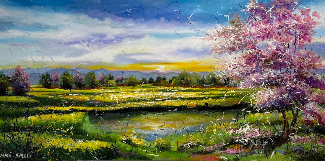 Madi Salehi (Untitled - Landscape) Signed Original Acrylic: Offered here is an original Acrylic on Canvas by Madi Salehi: "Madi Salehi (Untitled - Landscape) Signed Original Acrylic". This one-of-a-kind piece, measuring 24 x 48 x 1 inch, is a rare opportunity 