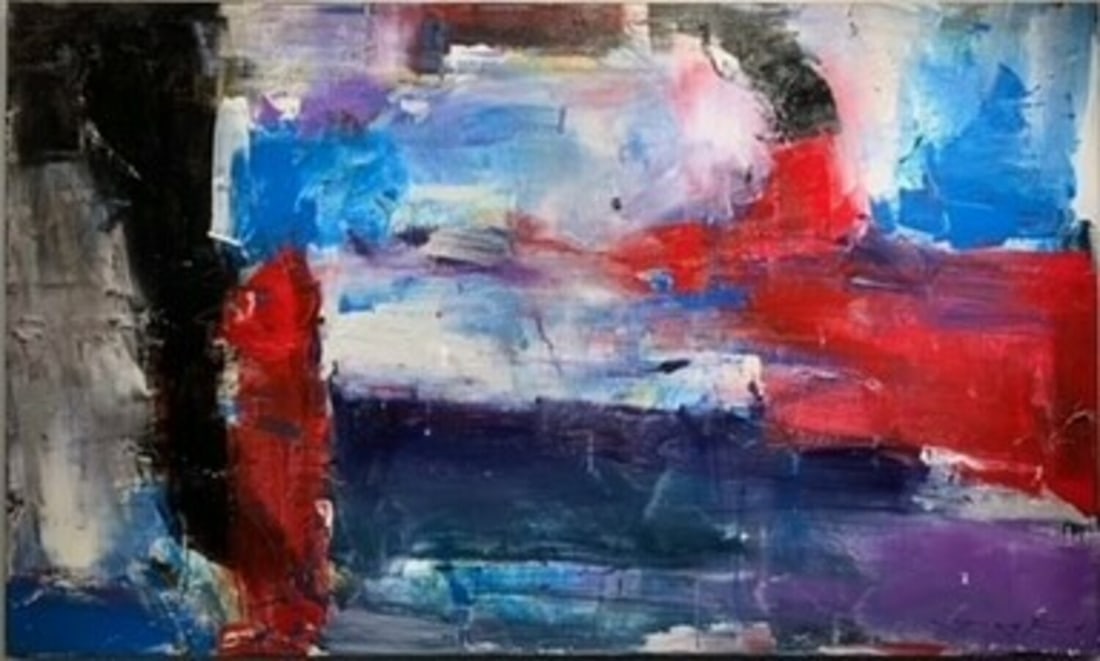 Jorn Fox Abstract Signed Original Oil and Acrylic: Offered here is an original Original Oil and Acrylic on Canvas with 1 1/2" Museum Bars by Jorn Fox: "Jorn Fox Abstract Signed Original Oil and Acrylic". This one-of-a-kind piece, measuring 36 x 60 x 2