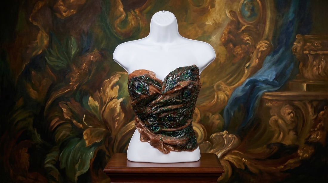 Mercedes Brunelli "Peacock Feathers", CorsArt Corset, Fabric Resin Feathers Swarovski Crystals: Presenting this Mercedes Brunelli Sculpture: "Mercedes Brunelli "Peacock Feathers", CorsArt Corset, Fabric Resin Feathers Swarovski Crystals". This piece, measuring 15 x 12 inch, is available at aucti