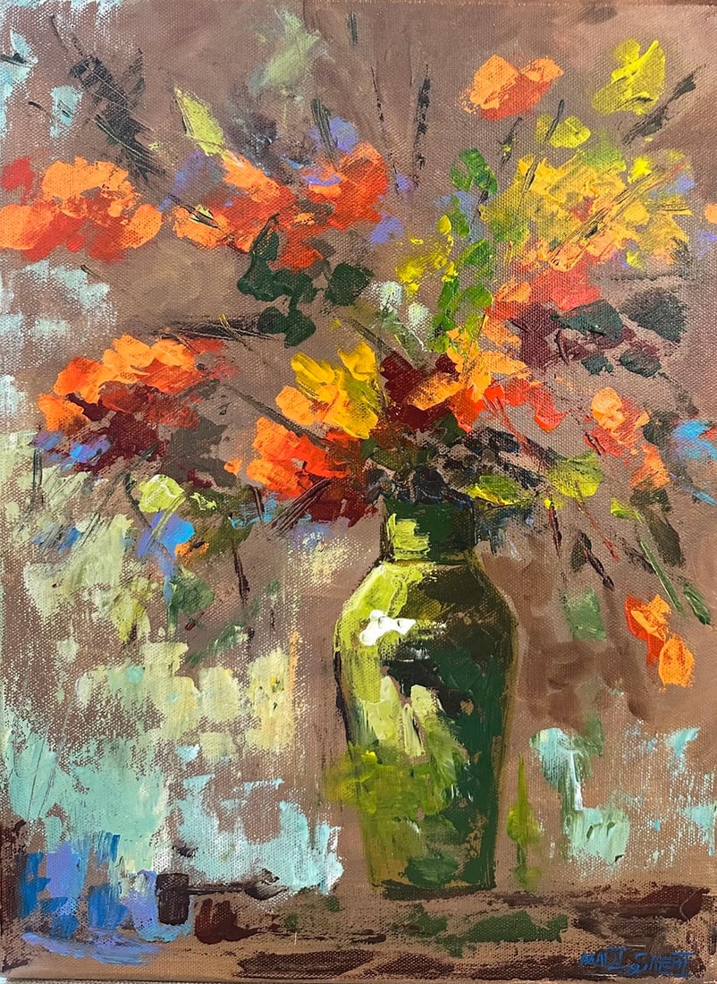 Madi Salehi "Floral Green Vase with Orange Flowers" Original acrylic on canvas: Offered here is an original Original acrylic on canvas by Madi Salehi: "Madi Salehi "Floral Green Vase with Orange Flowers" Original acrylic on canvas". This one-of-a-kind piece, measuring 12 x 16 inc