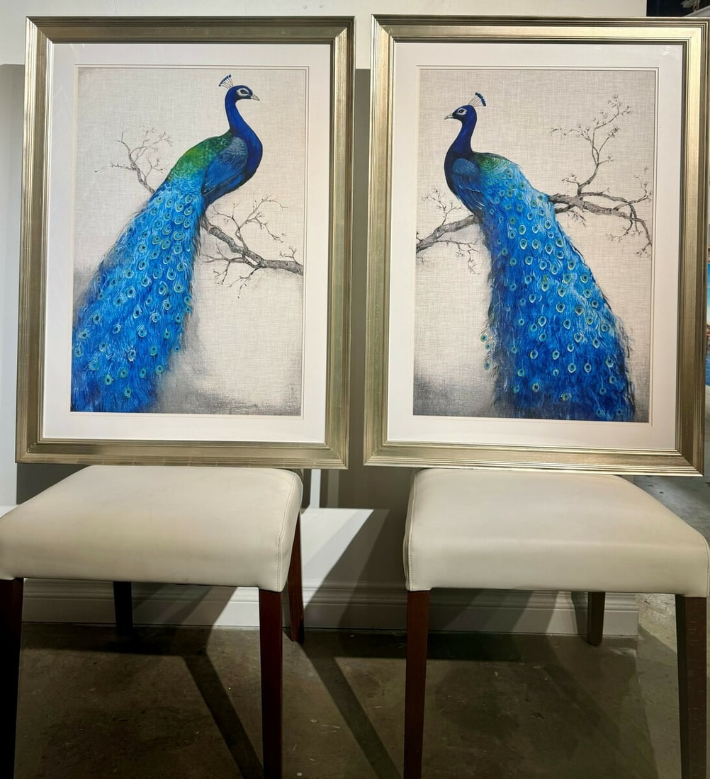 Unknown Artist "Two Peacocks" Framed Lithographs Sold as Pair (1 of 2)
