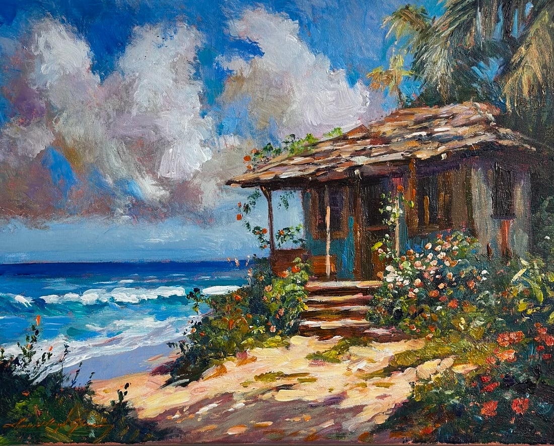 David Lloyd Glover "Hawaiian Beachcomber Shack" Signed Original Acrylic on Canvas: Offered here is an original Acrylic on Canvas by David Lloyd Glover: "David Lloyd Glover "Hawaiian Beachcomber Shack" Signed Original Acrylic on Canvas". This one-of-a-kind piece, measuring 16 x 20 x 