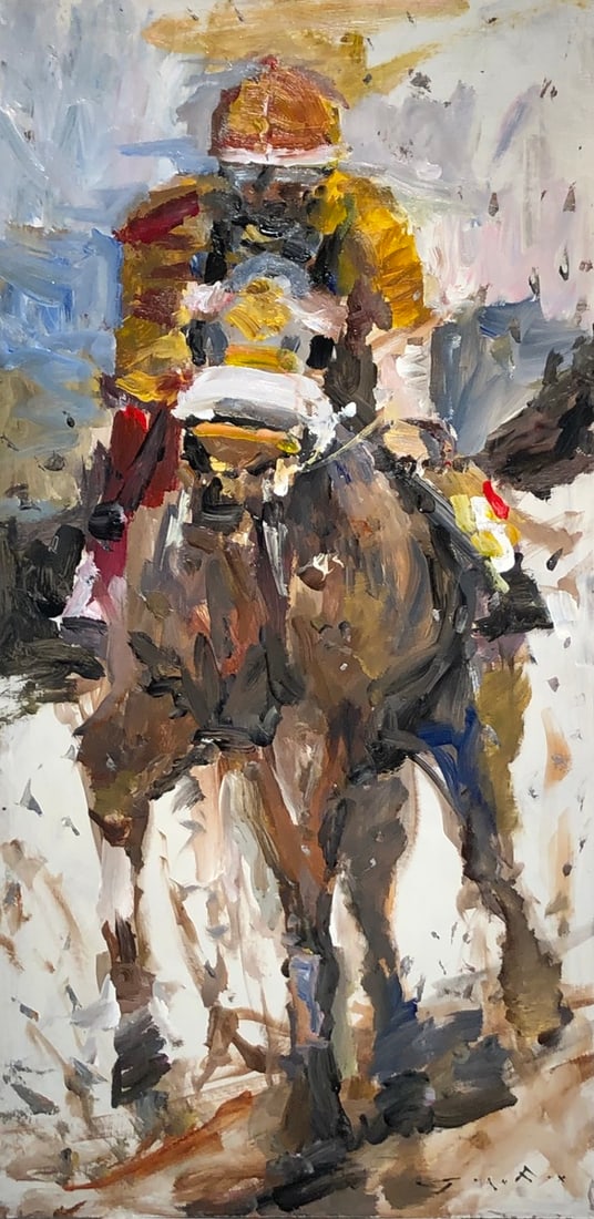 Jorn Fox (Race Horse & Jockey) Signed Original Acrylic: Offered here is an original Acrylic on Board by Jorn Fox: "Jorn Fox (Race Horse & Jockey) Signed Original Acrylic". This one-of-a-kind piece, measuring 48 x 24 x 2 inch, is a rare opportunity for coll