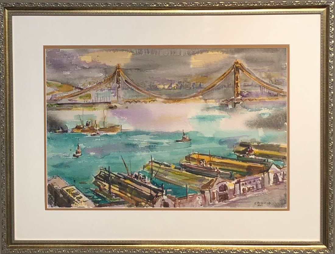 Lee Marion Splivalo (Oakland Bridge) Signed Original Watercolor: Offered here is an original Watercolor on Paper by Lee Marion Splivalo: "Lee Marion Splivalo (Oakland Bridge) Signed Original Watercolor". This one-of-a-kind piece, measuring 23 x 30 x 2 inch, is a ra