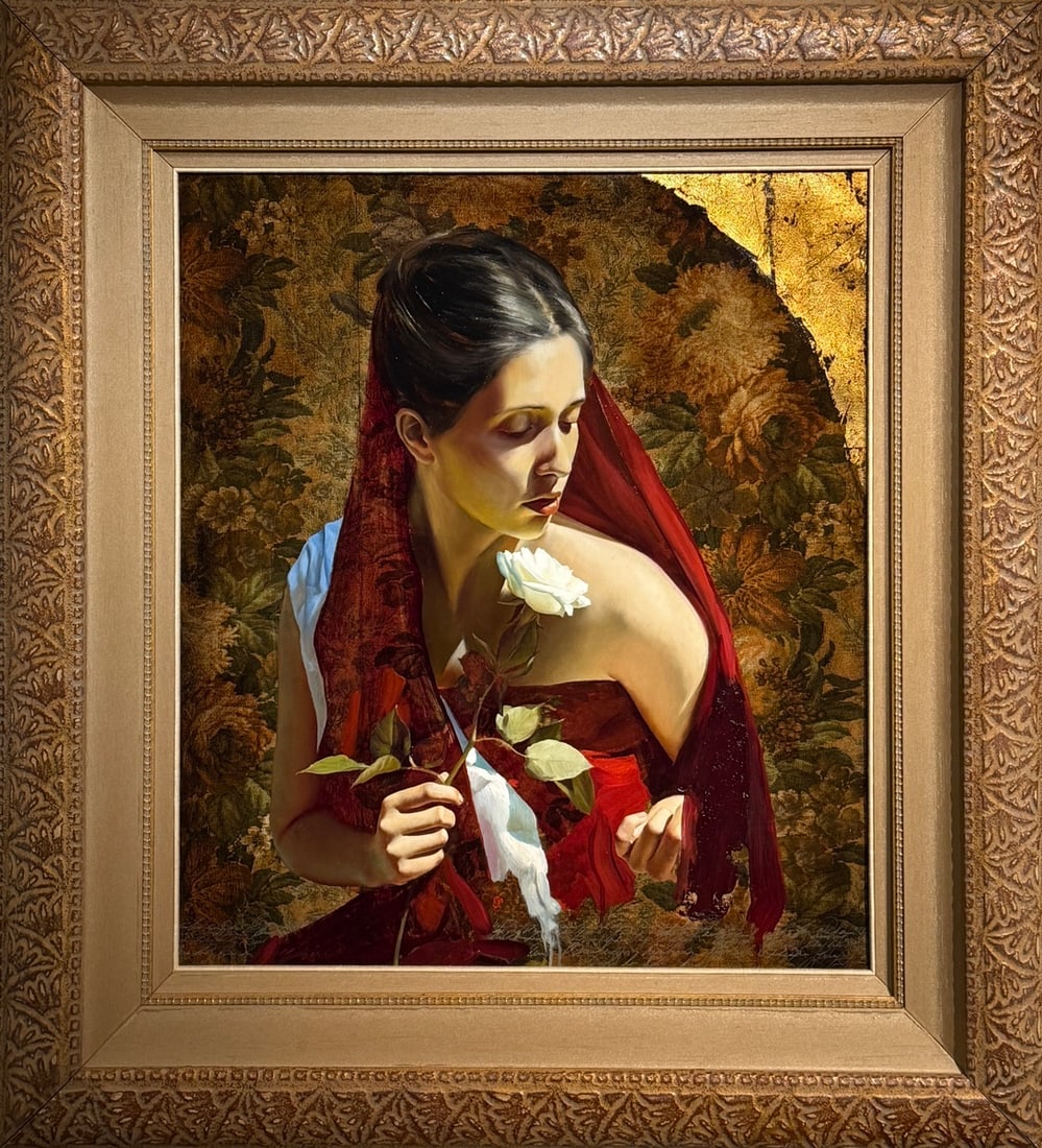 Slava Fokk "Tea Rose" Realist signed original oil on canvas: Offered here is an original Original Oil on Canvas by Slava Fokk: "Slava Fokk "Tea Rose" Realist signed original oil on canvas". This one-of-a-kind piece, measuring 44 x 40 x 4 inch, is a rare
