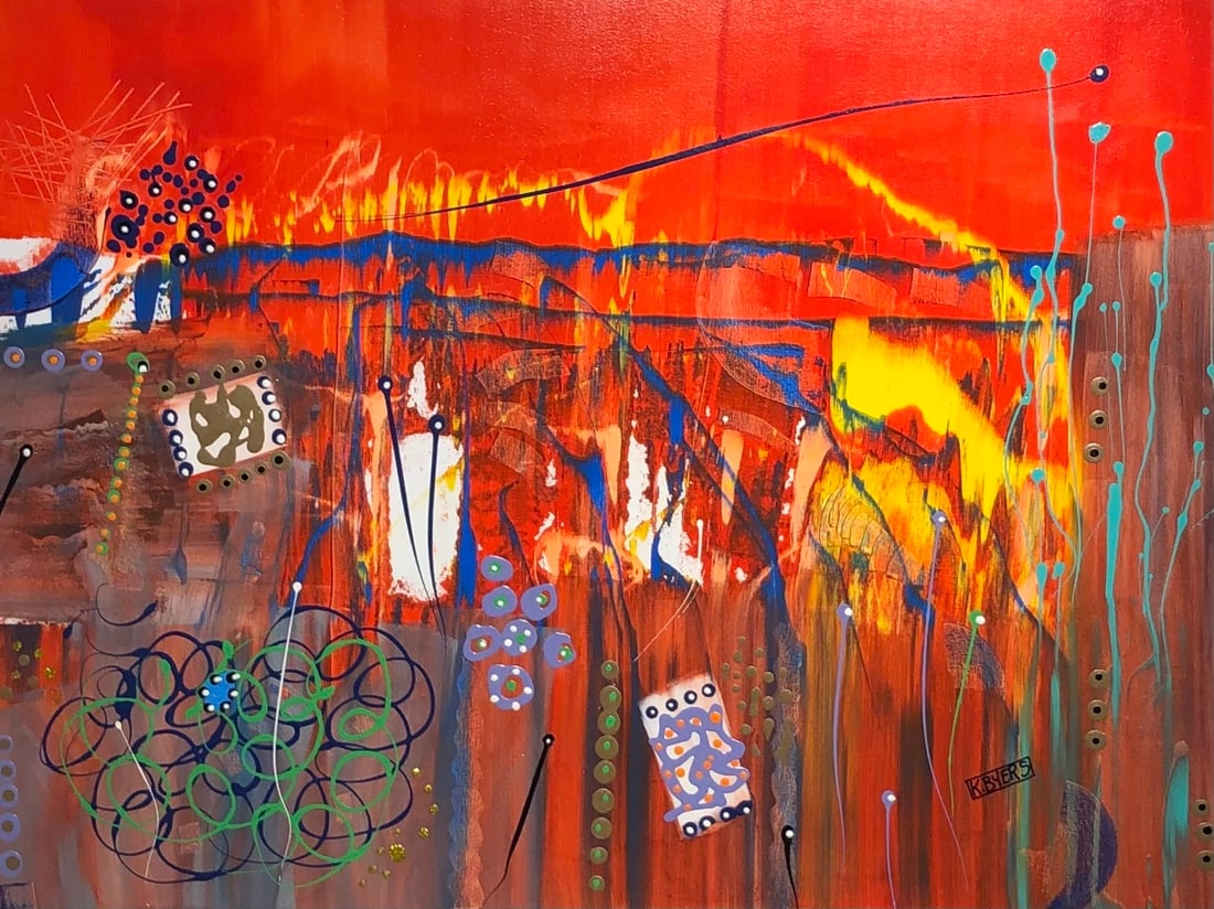 Kimm Byers "When Earth Catches Fire" Signed Original Acrylic: Offered here is an original Acrylic on Canvas by Kimm Byers: "Kimm Byers "When Earth Catches Fire" Signed Original Acrylic". This one-of-a-kind piece, measuring 36 x 48 x 2 inch, is a rare