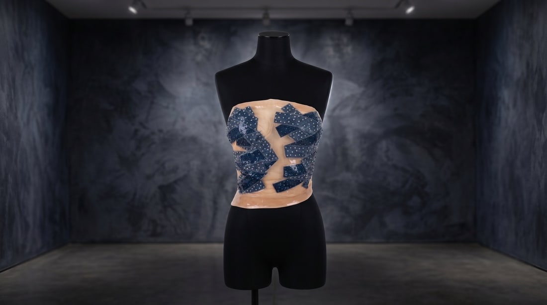 Mercedes Brunelli "Denim Jewels" Denim Fabric Strips, Chiffon Fabric. Resin, Swarovski Crystals: Presenting this Mercedes Brunelli Sculpture: "Mercedes Brunelli "Denim Jewels" Denim Fabric Strips, Chiffon Fabric. Resin, Swarovski Crystals". This piece, measuring 20 x 15 inch, is available at auct