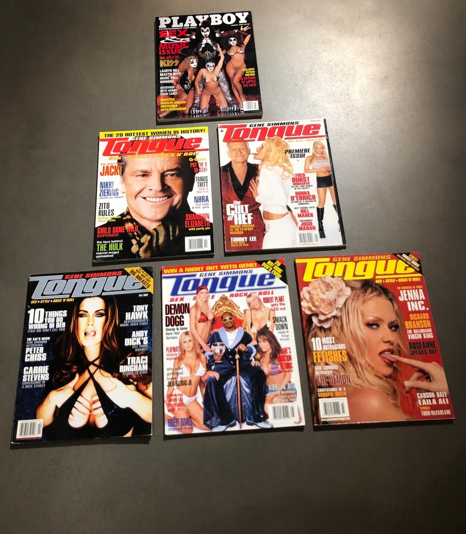 1 - Playboy March 1999 & 5 - Tongue Magazine (by Gene Simmons): Presenting this Unknown Magazines: "1 - Playboy March 1999 & 5 - Tongue Magazine (by Gene Simmons)". This piece, measuring 11 x 9 x 4 inch, is available at auction on LiveAuctioneers. Artist: Unknown