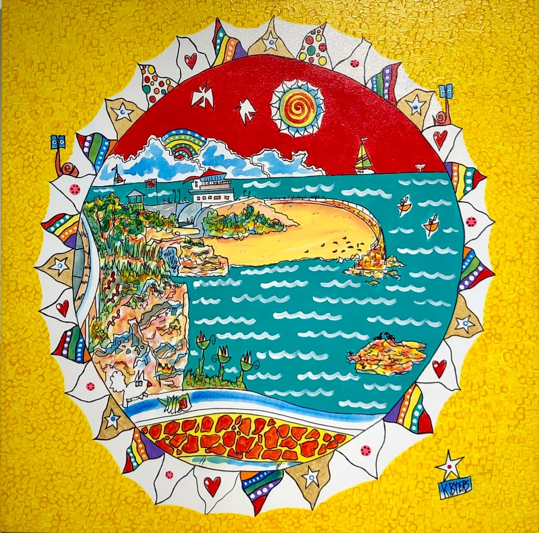 Kimm Byers "Childerns Pool La Jolla Calie" Signed Original Acrylic: Offered here is an original Acrylic on Canvas by Kimm Byers: "Kimm Byers "Childerns Pool La Jolla Calie" Signed Original Acrylic". This one-of-a-kind piece, measuring 36 x 36 x 2 inch, is a rare oppor