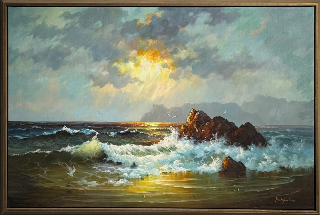 Bob Sanders (Seascape) Signed Original Oil: Offered here is an original Oil on Canvas by Bob Sanders: "Bob Sanders (Seascape) Signed Original Oil". This one-of-a-kind piece, measuring 26 x 38 x 2 inch, is a rare opportunity for collectors to ac