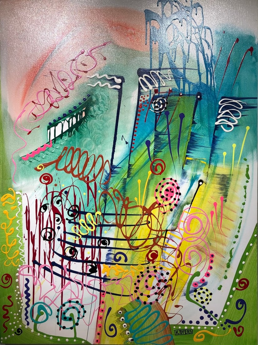 Kimm Byers "Happy Walk" Signed Original: Offered here is an original Acrylic on Canvas by Kimm Byers: "Kimm Byers "Happy Walk" Signed Original". This one-of-a-kind piece, measuring 36 x 48 x 2 inch, is a rare opportunity for collectors to ac