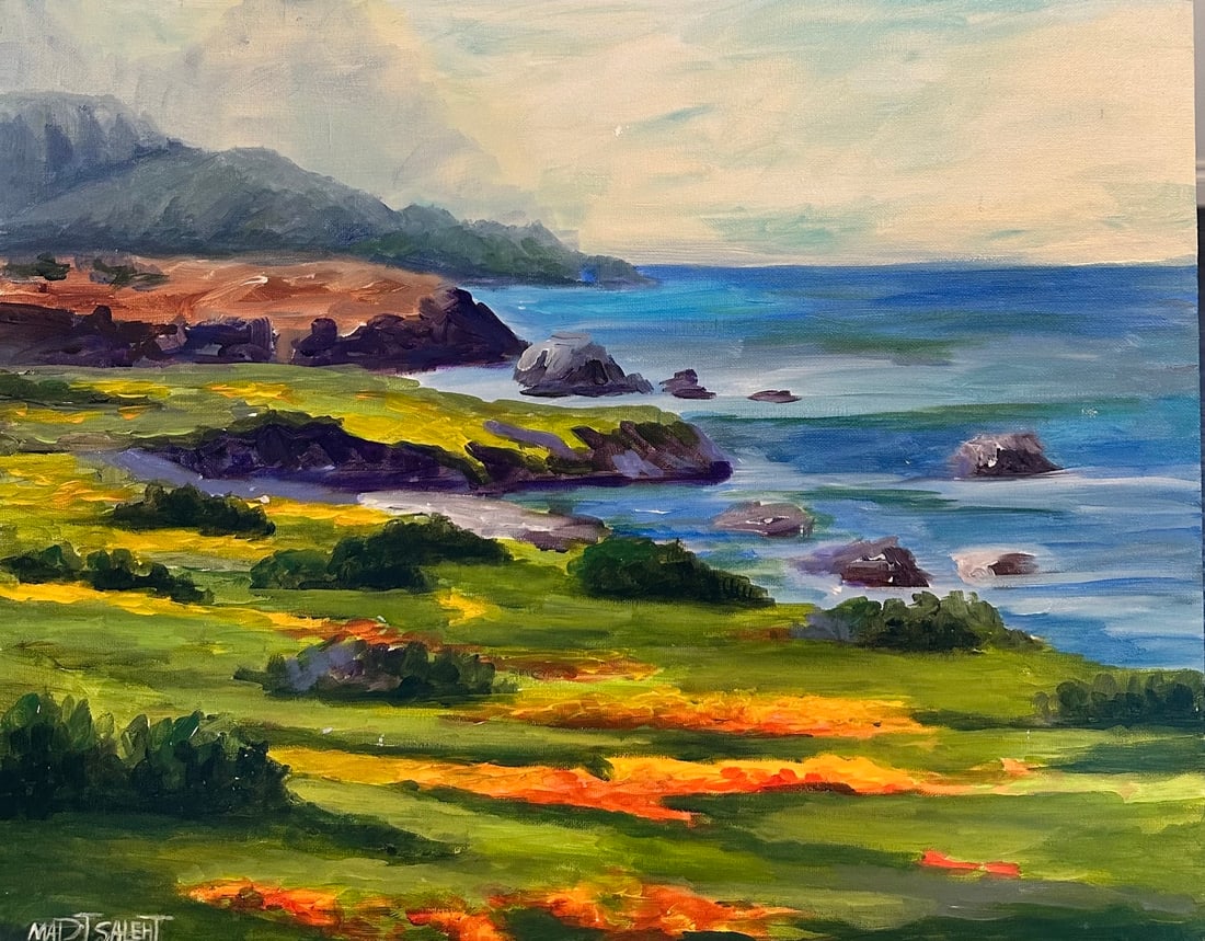 Madi Salehi "Ocean Landscape" Original acrylic on canvas board: Offered here is an original Original acrylic on canvas board by Madi Salehi: "Madi Salehi "Ocean Landscape" Original acrylic on canvas board". This one-of-a-kind piece, measuring 16 x 20 inch, is a ra