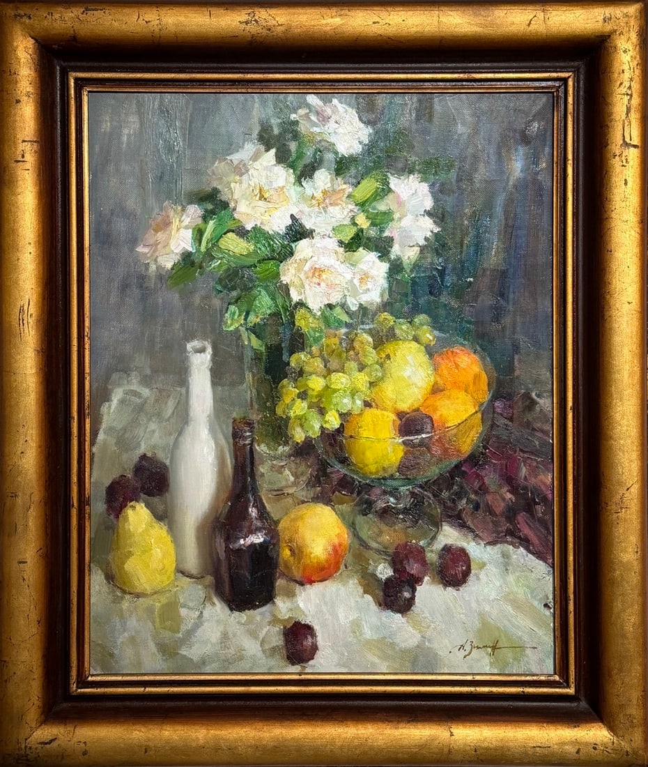 Alexander Zimin "Flowers And Fruits" Original Oil: Offered here is an original Original Oil on Canvas by Alexander Zimin: "Alexander Zimin "Flowers And Fruits" Original Oil". This one-of-a-kind piece, measuring 39 x 34 x 4 inch, is a rare opportunity 