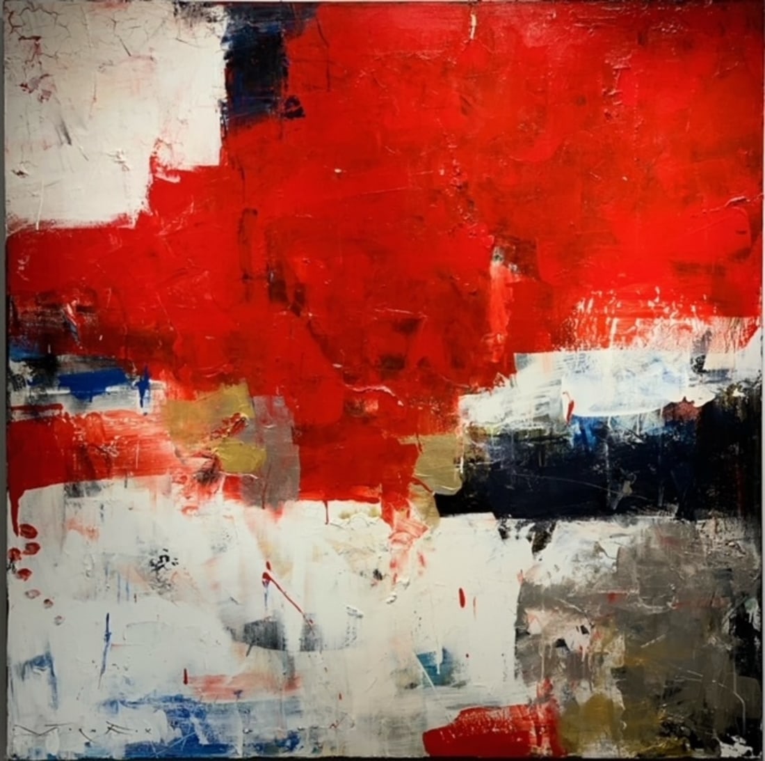 Jorn Fox Abstract Signed Original Oil and Acrylic: Offered here is an original Original Oil and Acrylic on Canvas with 1 1/2" Museum Bar by Jorn Fox: "Jorn Fox Abstract Signed Original Oil and Acrylic". This one-of-a-kind piece, measuring 48 x 48 x 2 