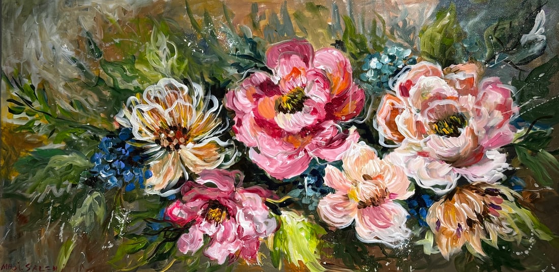 Madi Salehi (Untitled - Floral) Signed Original Acrylic: Offered here is an original Acrylic on Canvas by Madi Salehi: "Madi Salehi (Untitled - Floral) Signed Original Acrylic". This one-of-a-kind piece, measuring 24 x 48 x 1 inch, is a rare opportunity for