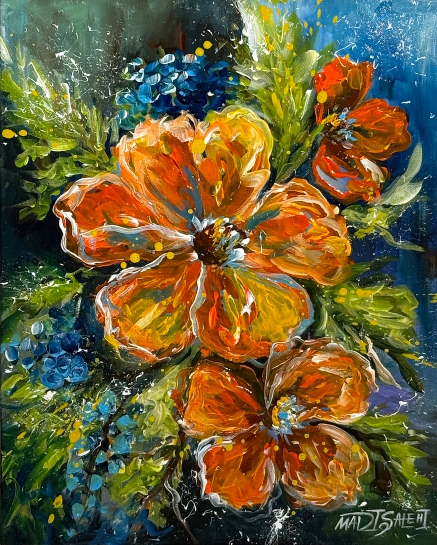 Madi Salehi (Untitled - Floral) Signed Original Acrylic: Offered here is an original Acrylic on Canvas by Madi Salehi: "Madi Salehi (Untitled - Floral) Signed Original Acrylic". This one-of-a-kind piece, measuring 20 x 16 x 1 inch, is a rare opportunity