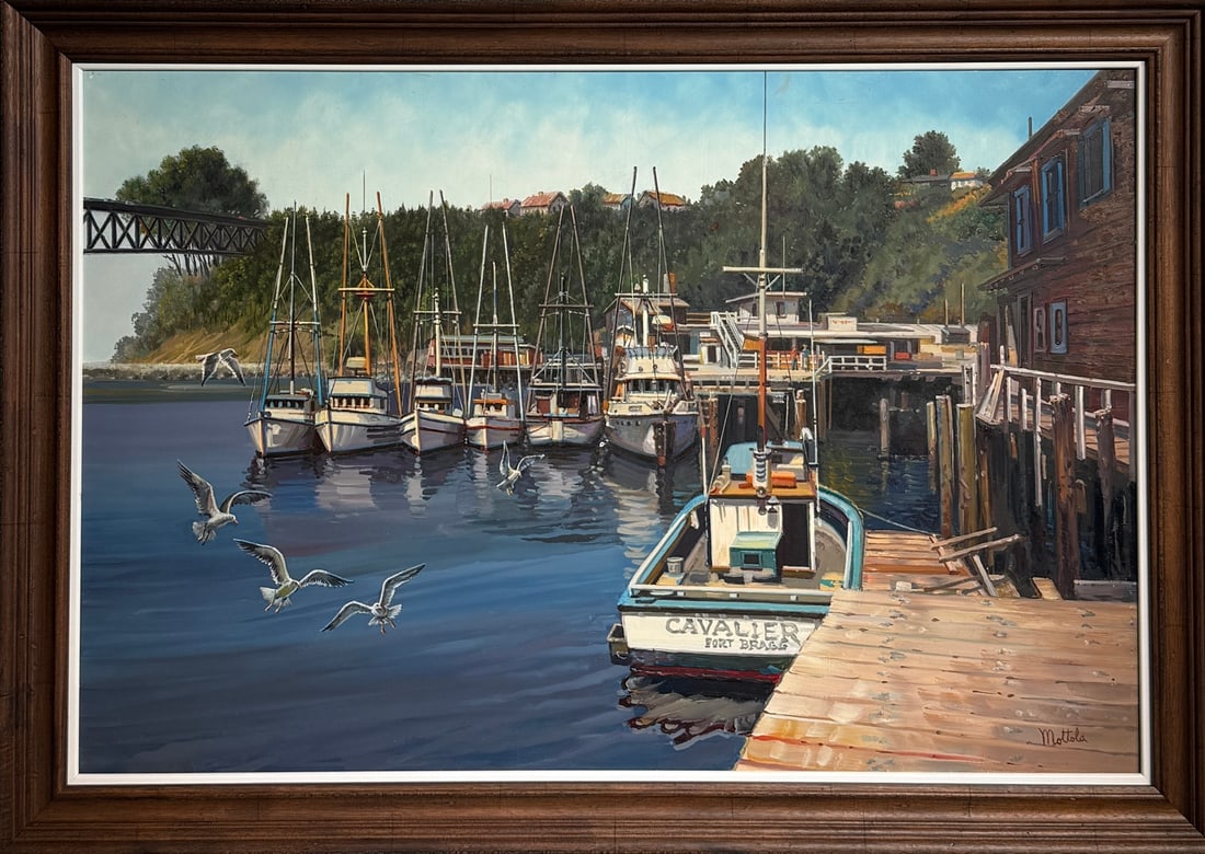 Filastro Mottola (Fishing Boats in a Harbor) RARE - Signed Original Oil: Offered here is an original Oil on Masonite by Filastro Mottola: "Filastro Mottola (Fishing Boats in a Harbor) RARE - Signed Original Oil". This one-of-a-kind piece, measuring 29 x 41 x 2 inch, is a