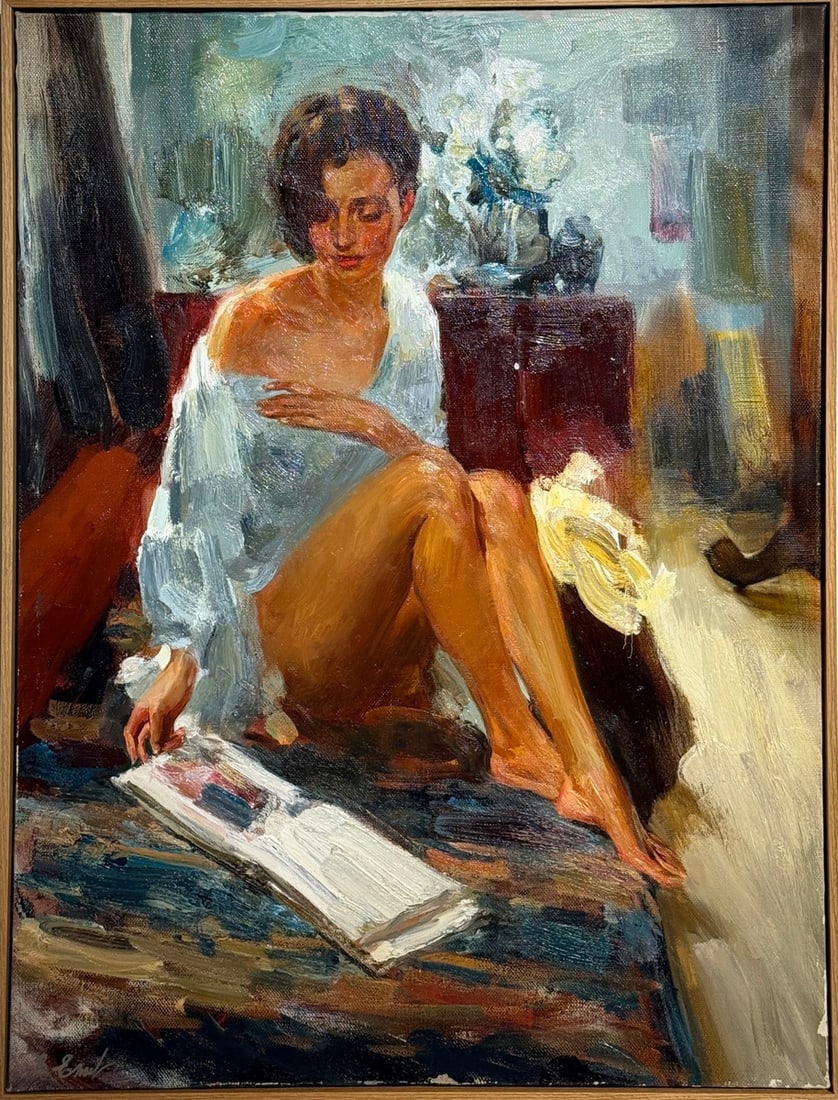 Vladimir Ezhakov (B. Ehlakob) Figurative Brunette Signed Original Oil on Canvas (1 of 3)
