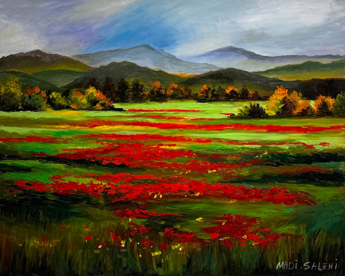 Madi Salehi (Untitled - Landscape) Signed Original Acrylic: Offered here is an original Acrylic on Canvas by Madi Salehi: "Madi Salehi (Untitled - Landscape) Signed Original Acrylic". This one-of-a-kind piece, measuring 24 x 30 x 1 inch, is a rare opportunity