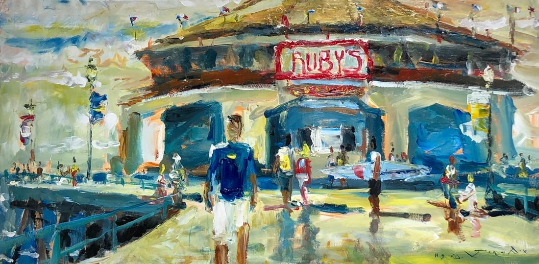 Jorn Fox "Ruby's Diner" Signed Original Acrylic - Impressionist: Offered here is an original Acrylic on Canvas by Jorn Fox: "Jorn Fox "Ruby's Diner" Signed Original Acrylic - Impressionist". This one-of-a-kind piece, measuring 24 x 48 x 2 inch, is a rare opportunit