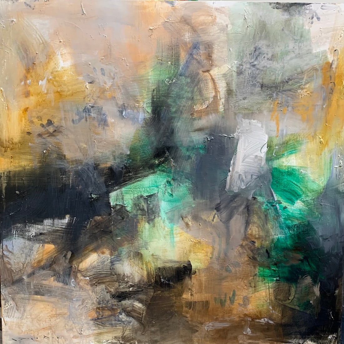 Jorn Fox Abstract Signed Original Oil and Acrylic: Offered here is an original Original Oil and Acrylic on Canvas with 1 1/2" Museum Bars by Jorn Fox: "Jorn Fox Abstract Signed Original Oil and Acrylic". This one-of-a-kind piece, measuring 60 x 60 x 2