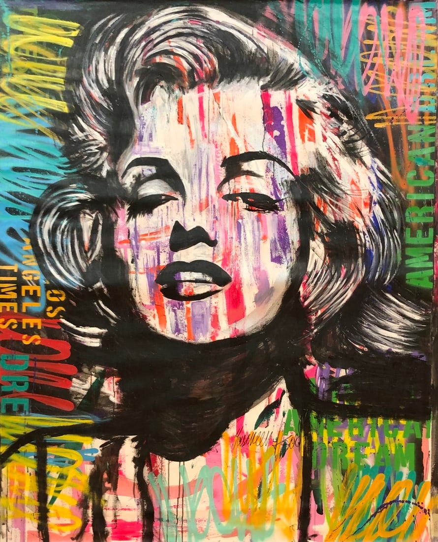 Yasemen Asad (Marilyn Monroe) Signed Original Mixed Media: Offered here is an original Mixed Media on Canvas by Yasemen Asad: "Yasemen Asad (Marilyn Monroe) Signed Original Mixed Media". This one-of-a-kind piece, measuring 60 x 48 x 2 inch, is a rare