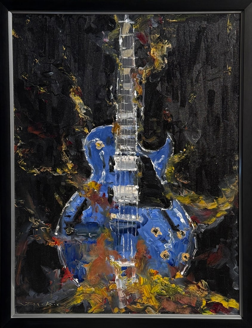 Jorn Fox "Blue Les Paul in Flames" Signed Original: Offered here is an original Oil on Canvas by Jorn Fox: "Jorn Fox "Blue Les Paul in Flames" Signed Original". This one-of-a-kind piece, measuring 44 x 34 x 2 inch, is a rare opportunity for collectors 
