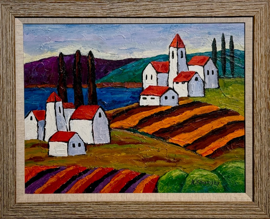 Alexander Khomsky Original Oil "Tuscan Fields": Offered here is an original Original Oil on Canvas by Alexander Khomsky: "Alexander Khomsky Original Oil "Tuscan Fields"". This one-of-a-kind piece, measuring 18 x 22 x 2 inch, is a rare opportunity f