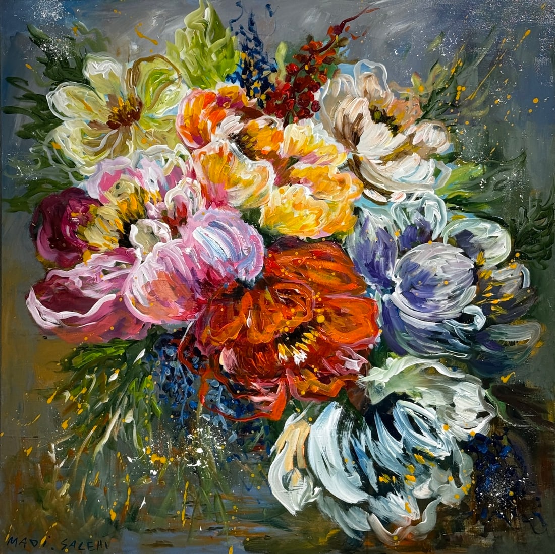 Madi Salehi (Untitled - Floral) Signed Original Acrylic: Offered here is an original Acrylic on Canvas by Madi Salehi: "Madi Salehi (Untitled - Floral) Signed Original Acrylic". This one-of-a-kind piece, measuring 36 x 36 x 2 inch, is a rare opportunity