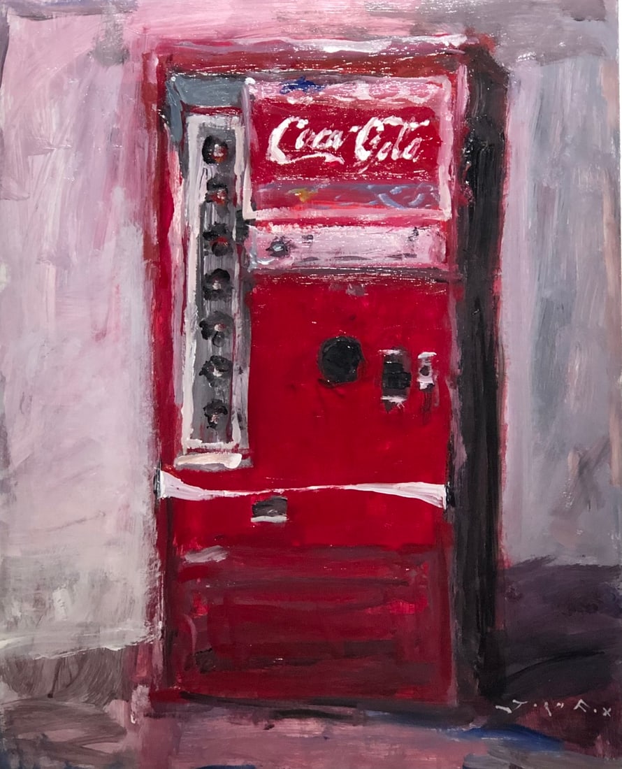 Jorn Fox "70's Coca-Cola Machine" Signed Original Acrylic: Offered here is an original Acrylic on Canvas by Jorn Fox: "Jorn Fox "70's Coca-Cola Machine" Signed Original Acrylic". This one-of-a-kind piece, measuring 30 x 24 x 2 inch, is a rare opportunity for