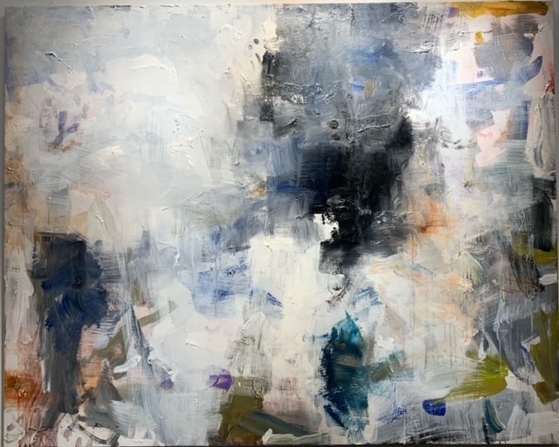 Jorn Fox Abstract Signed Original Oil and Acrylic: Offered here is an original Original Oil and Acrylic on Canvas with 1 1/2" Museum Bar by Jorn Fox: "Jorn Fox Abstract Signed Original Oil and Acrylic". This one-of-a-kind piece, measuring 48 x 60 x 2