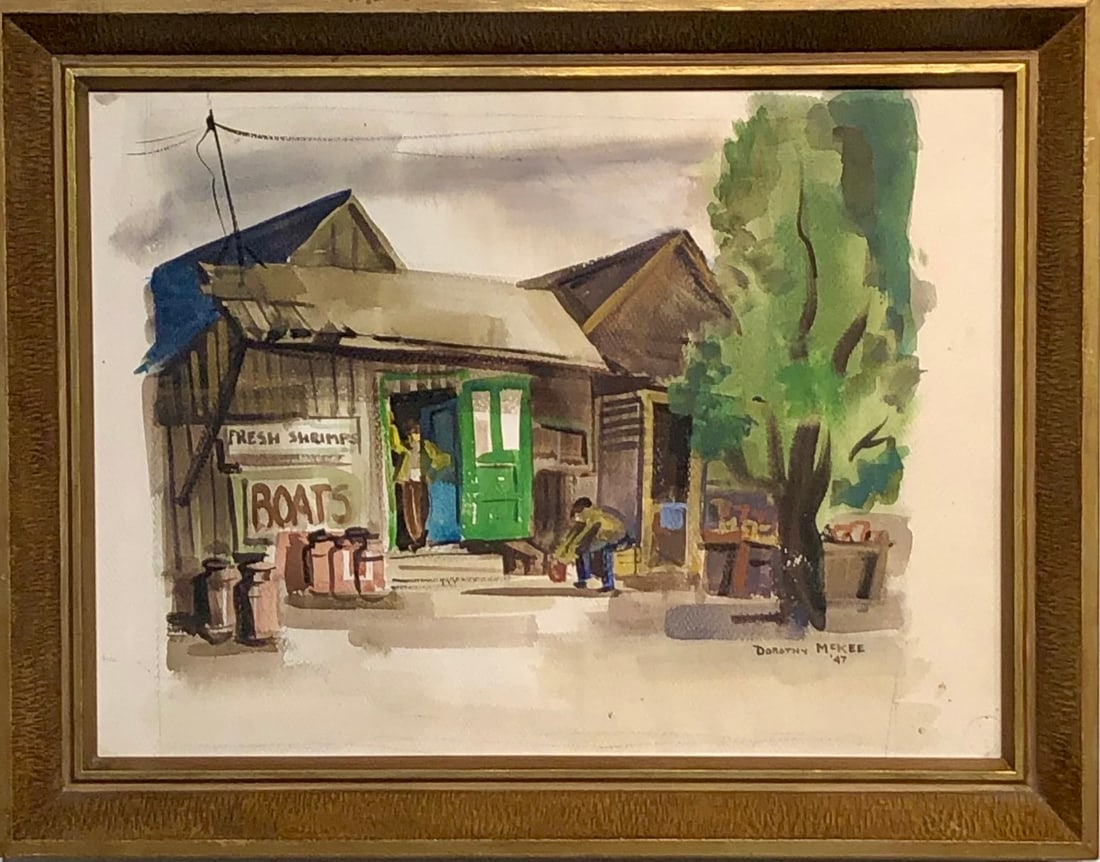 Dorothy McKee (Untitled - Fishing Shack) Signed Original Watercolor 1947: Offered here is an original Watercolor on Paper by Dorothy McKee: "Dorothy McKee (Untitled - Fishing Shack) Signed Original Watercolor 1947". This one-of-a-kind piece, measuring 19 x 24 inch, is a