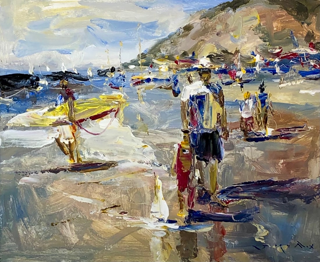 Jorn Fox (Impressionist - Beach Scene) Signed Original Acrylic: Offered here is an original Acrylic on Board by Jorn Fox: "Jorn Fox (Impressionist - Beach Scene) Signed Original Acrylic". This one-of-a-kind piece, measuring 20 x 24 x 2 inch, is a rare opportunity