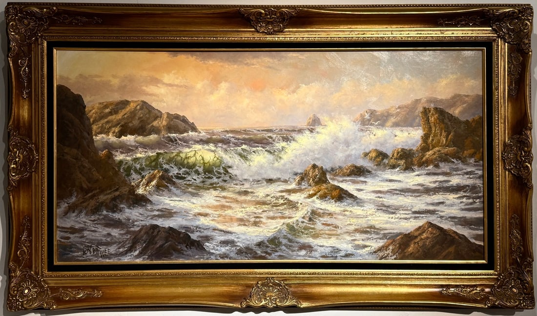 Robert wee "Oregon Coast" Original oil on Masonite: Offered here is an original Original oil on Masonite by Robert Wee: "Robert wee "Oregon Coast" Original oil on Masonite". This one-of-a-kind piece, measuring 44 x 58 x 3 inch, is a rare opportunity