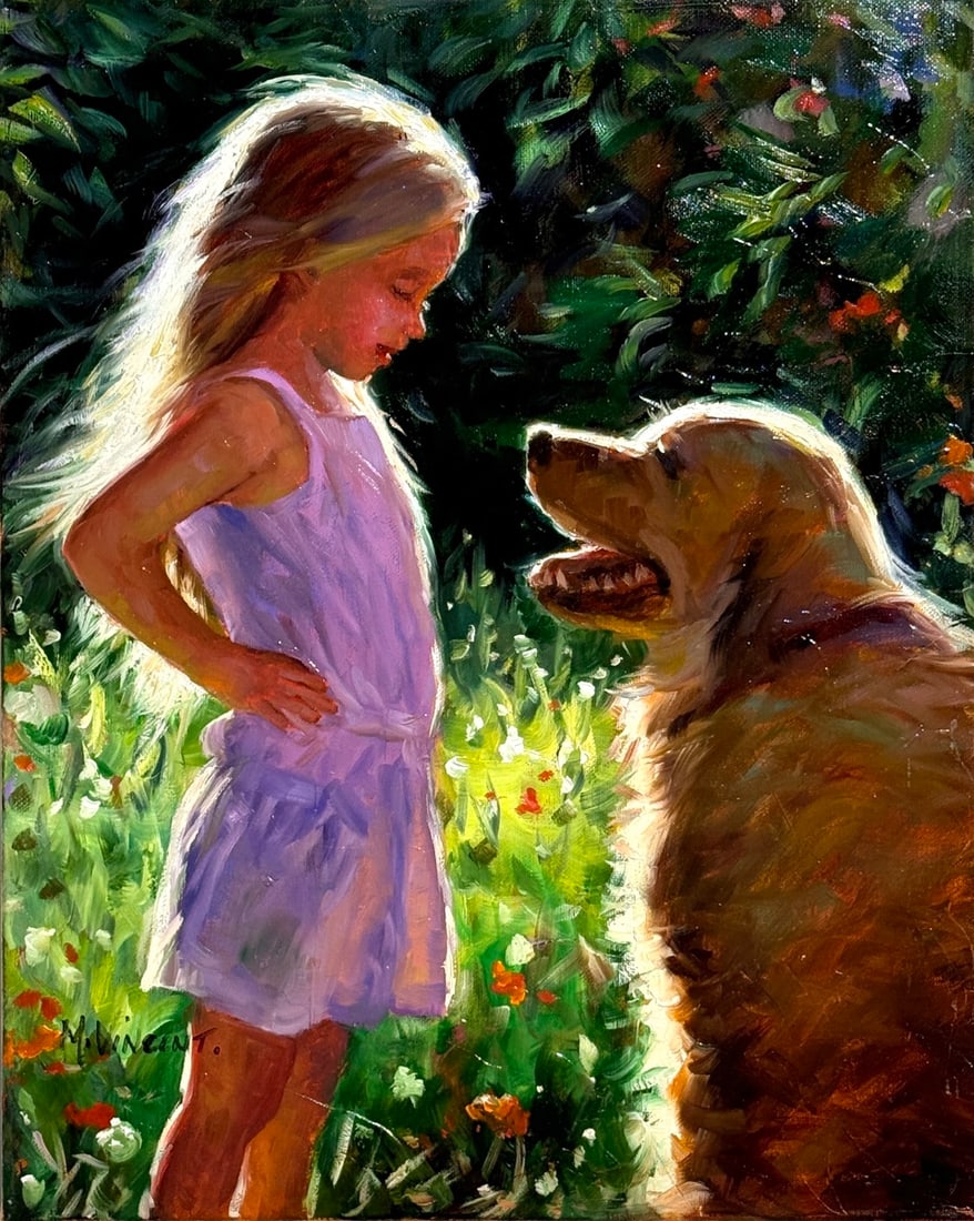 Michael Vincent Original "The Best Of Friends": Offered here is an original Original Oil on Canvas by Michael Vincent: "Michael Vincent Original "The Best Of Friends"". This one-of-a-kind piece, measuring 20 x 16 x 1 inch, is a rare opportunity for