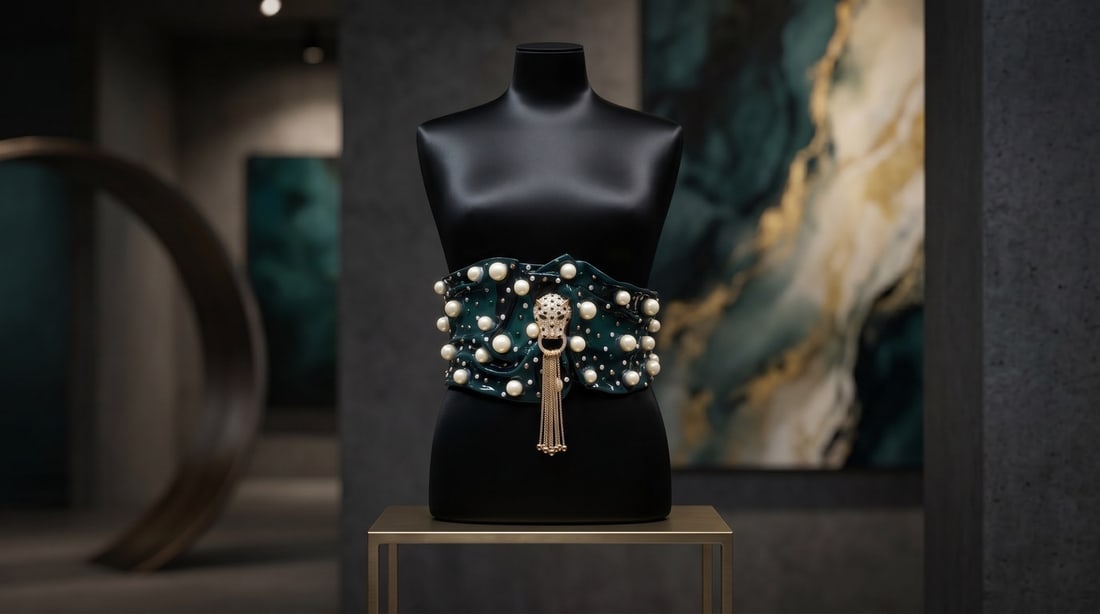 Mercedes Brunelli "Wildcat Pearl" Fabric, Pearls, Signature Crystal Panther Head Tassel, Gold Chain: Presenting this Mercedes Brunelli Sculpture: "Mercedes Brunelli "Wildcat Pearl" Fabric, Pearls, Signature Crystal Panther Head Tassel, Gold Chain Fringe, Swarovski Crystals, Resin". This piece, measur