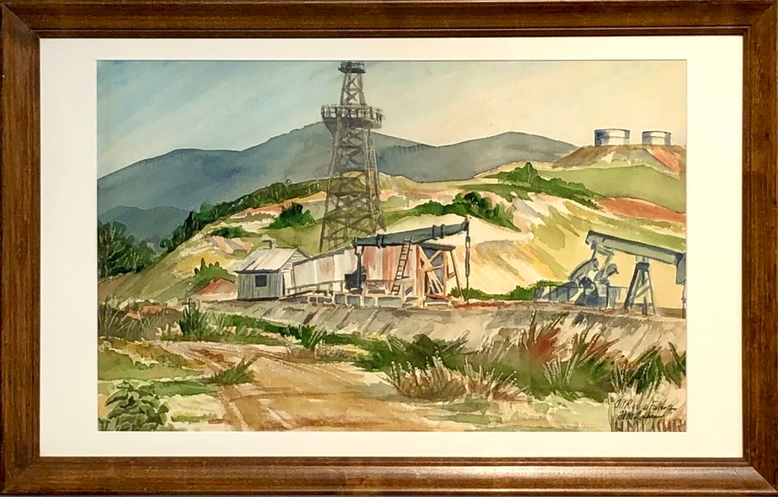 H.M. Luhrs "Oil Rigs at Fullerton" Signed Original Watercolor: Offered here is an original Watercolor on Paper by H.M. Luhrs: "H.M. Luhrs "Oil Rigs at Fullerton" Signed Original Watercolor". This one-of-a-kind piece, measuring 18 x 28 x 2 inch, is a rare