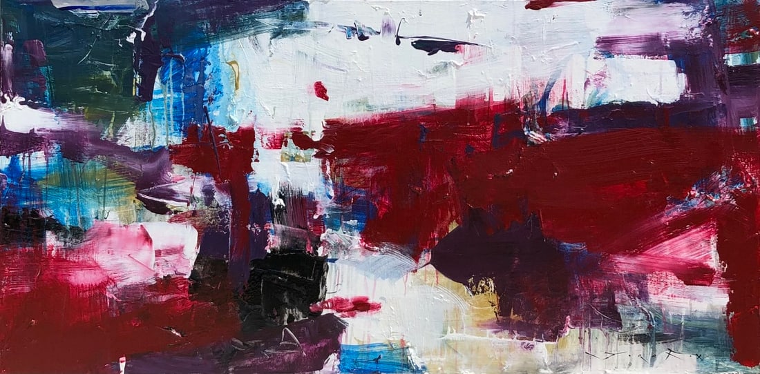 Jorn Fox Abstract Oil on Canvas Signed: Offered here is an original Original Oil on Canvas by Jorn Fox: "Jorn Fox Abstract Oil on Canvas Signed". This one-of-a-kind piece, measuring 24 x 48 x 2 inch, is a rare opportunity for collectors to 