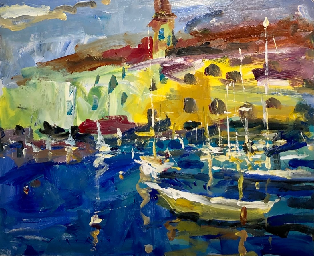 Jorn Fox "Mediterranean Village" Signed Original Acrylic - Impressionist: Offered here is an original Acrylic on Board by Jorn Fox: "Jorn Fox "Mediterranean Village" Signed Original Acrylic - Impressionist". This one-of-a-kind piece, measuring 24 x 30 x 2 inch, is a rare op