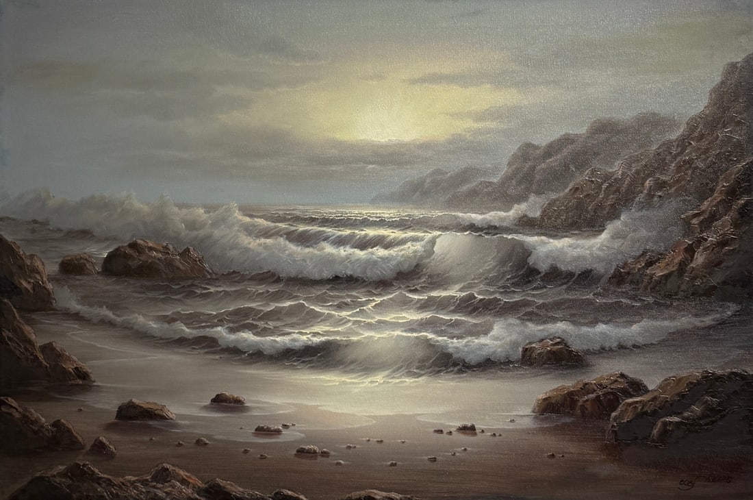 Bob Sanders (Seascape) Signed Original Oil: Offered here is an original Oil on Canvas by Bob Sanders: "Bob Sanders (Seascape) Signed Original Oil". This one-of-a-kind piece, measuring 24 x 36 x 1 inch, is a rare opportunity for collectors to ac